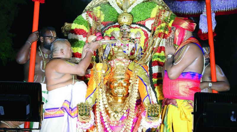 Seated majestically on Garuda Vahanam, the processional deity of Lord Kalyana Venkateswara Swamy was taken all along the streets encircling the shrine at Srinivasa Mangapuram, as part the ongoing annual Brahmotsavams, on Thursday.