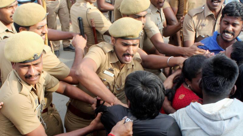 Policemen detain students who were holding a protest demanding a permanent solution for holding the Jallikattu, in Coimbatore. (Photo: PTI)