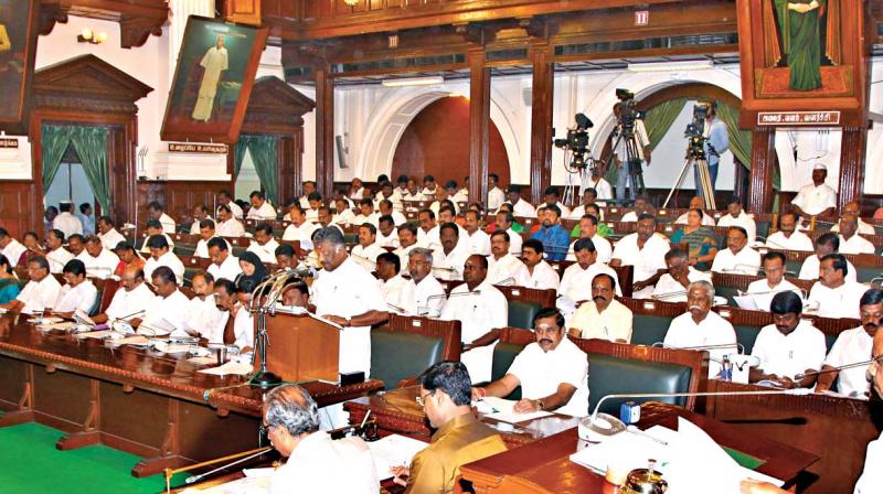 Deputy Chief Minister and Finance Minister O. Panneerselvam presents the budget for the year 2018-19 in the Legislative Assembly, on Thursday. (Photo: DC)