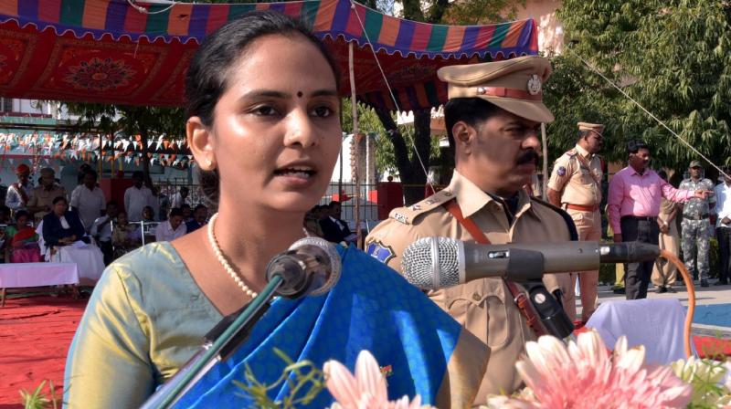Collector D. Divya addressing a gathering at 69th Republic Day celebrations after hoisting the National Flag at Police Grounds in Adilabad on Friday. (Photo: DC)