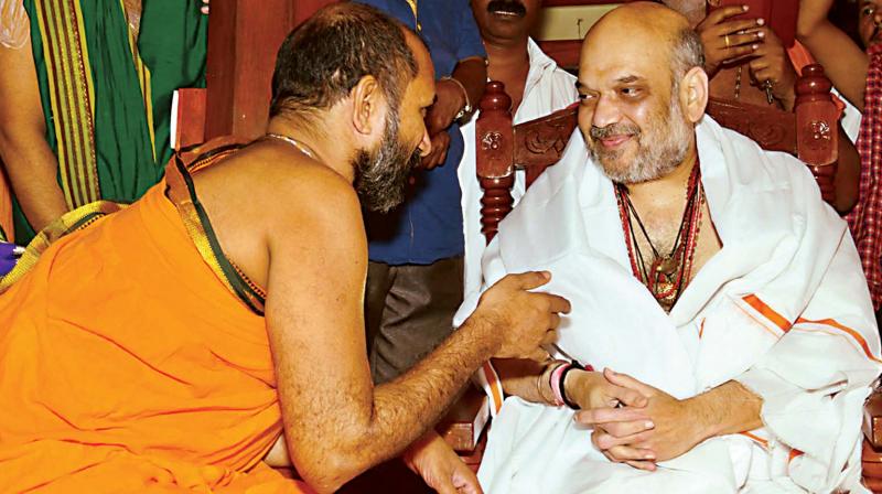 BJP national president Amit Shah during his visit to the famous Kukke Subramanya temple in Dakshina Kannada district on Tuesday