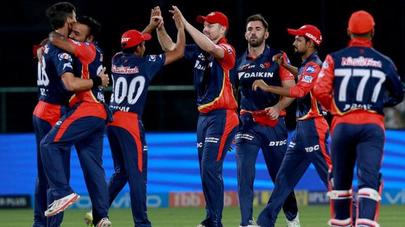 DD team players celebrates after win the match during match thirty two of the Vivo Indian Premier League 2018 (IPL 2018) between the Delhi Daredevils and the Rajasthan Royals held at the Feroz Shah Kotla Ground, Delhi (Photo: IPL website)