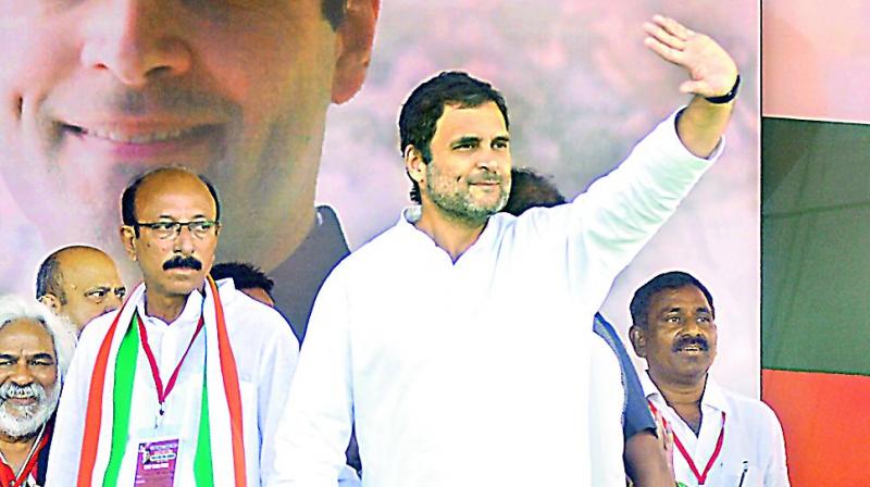 Congress president Rahul Gandhi at a campaign meeting in Armoor in Nizamabad  district on Thursday. (DC)
