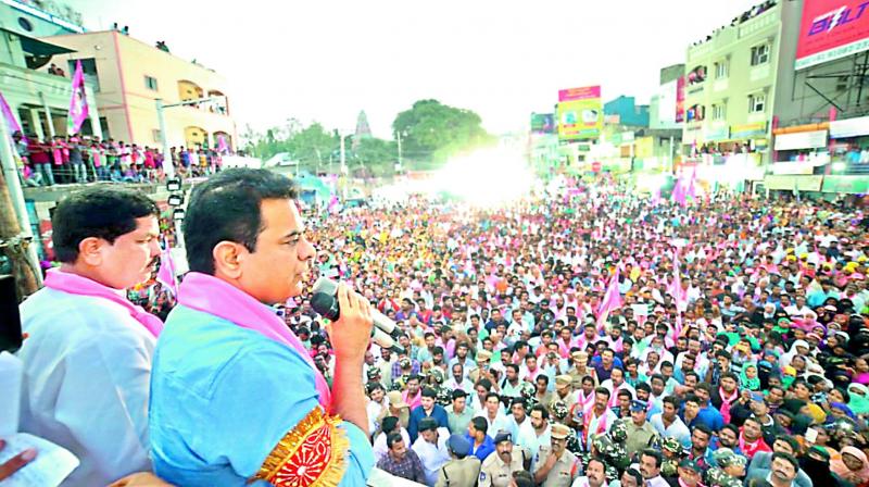 Caretaker minister K.T. Rama Rao addressing a massive election rally in Kukatpally on Thursday