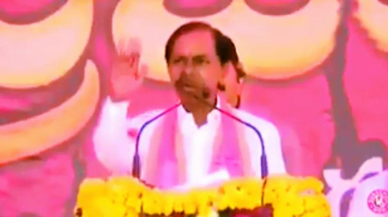 A screengrab of K. Chandrasekhar Rao admonishing a person from the crowd for asking a question on 12 per cent reservation for minorities.