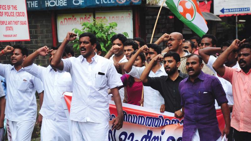 Youth Congress activists stage a protest march to the Thrissur range IG office on Friday seeking proper investigation into the rape allegations made by a young woman against CPM leaders. (Photo: ANUP K. VENU)