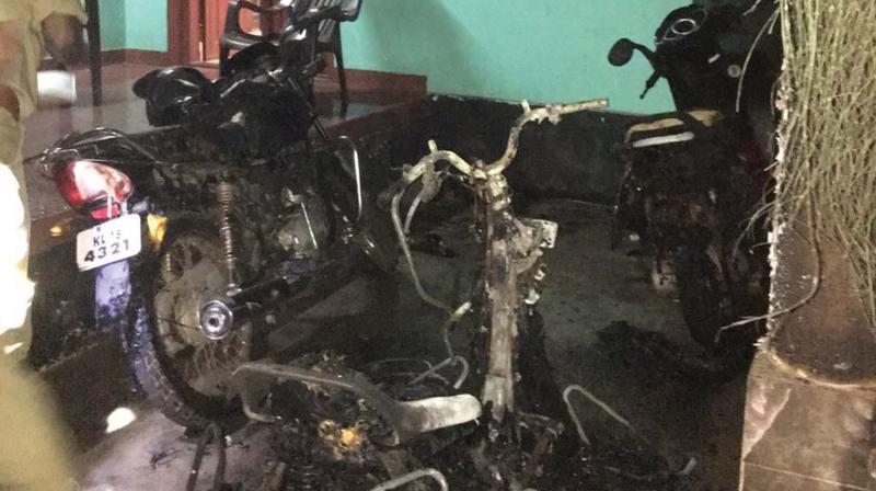 Two bikes and a scooter parked in front of the house of Ms V.G. Lellet were burned by miscreants on Friday.