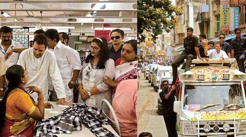 Congress President Rahul Gandhi meets garment factory workers in Bengaluru, (right) Rahul Gandhis campaign in Shivajinagar