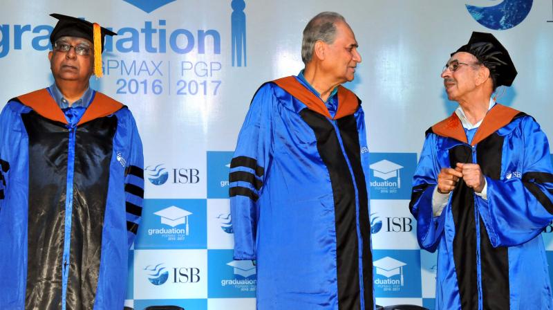 Bajaj group head Rahul Bajaj, who was the chief guest at a graduation ceremony at the Indian School of Business, is seen here on Friday, talking to ISBs chairman, Adi Godrej . (Photo: P. Surendra)