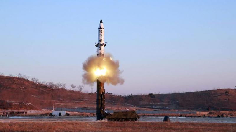 A surface-to-surface medium long-range ballistic missile Pukguksong-2 is launched bv North Korea on February 13. (Photo: AFP)