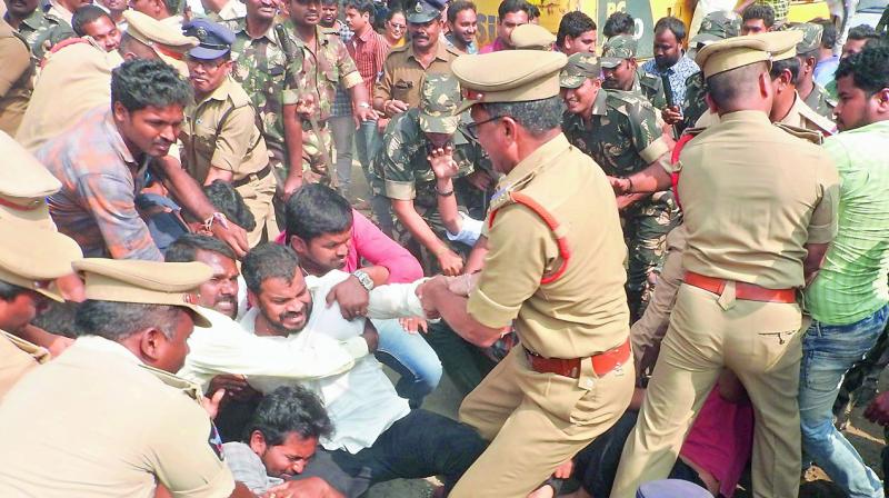 Nellore city MLA Dr P. Anil Kumar Yadav being dragged by the police for staging a protest on Thursday. (Photo: DC)