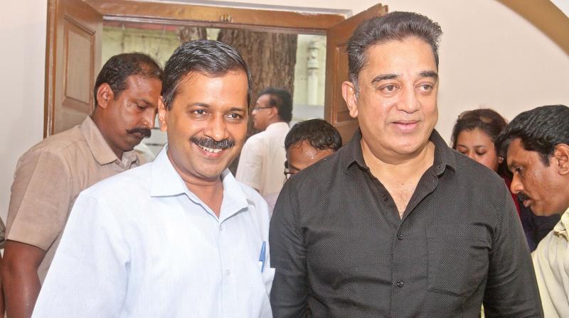 Delhi Chief Minister Arvind Kejriwal meets actor and filmmaker Kamal Haasan at the latters residence in Chennai on Thursday. (Photo: DC)