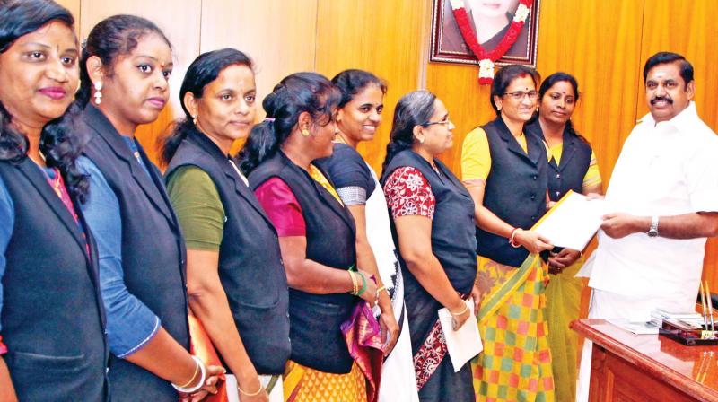 V.Nalini, president of Women Lawyers Association, accompanied by the office bearers of WLA, presents a representation containing 10 demands to Chief Minister Edappai K.Palaniswami in the city on Thursday. (Photo: DC)