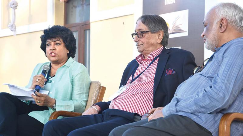 Ms Neena Gopal, Resident Editor, Deccan Chronicle, Bengaluru, former RAW chief  A.S. Dulat, and former intelligence officer Anand Arni during a session  at Mysuru Literature Fest in Mysuru on Sunday. (Image DC)