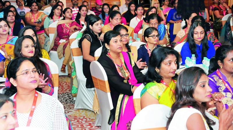 Women entrepreneurs and delegates take part in the Shakti Womens Entrepreneurs meet at a hotel in Visakhapatnam on Friday. (Photo: DC)