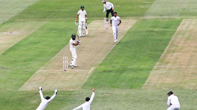 Hashim Amla was given not out by umpire Aleem Dar following an appeal for leg before wicket, two balls after left-arm opening bowler Vishwa Fernando had Dean Elgar caught behind in just the second over. (Photo: AFP)