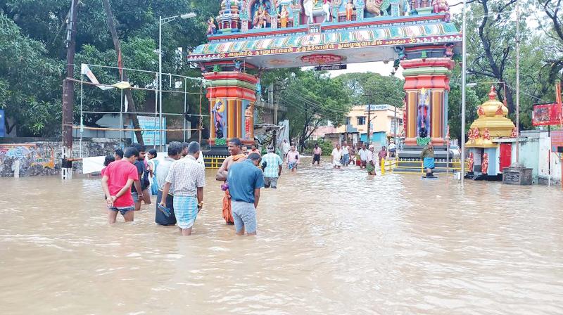 Flood water from the overflowing Pazhayar river inundates Suchindram in Kanyakumari district on Friday. (Photo: DC)