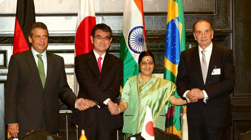MEA spokeseprson tweets, reaffirming the need for early reform of the UN Security Council, EAM Sushma Swaraj attends the G-4 Foreign Ministers Meeting along with Brazil, Germany and Japan represntatives. (Photo: EAM Twitter)