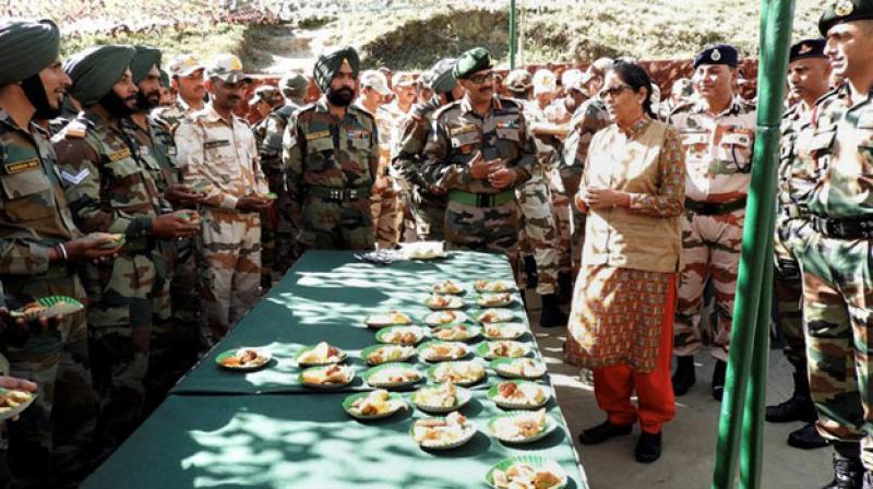 Defence Minister Nirmala Sitharaman on Sunday visited forward Army posts in remote Anjaw district of Arunachal Pradesh bordering China to take stock of the defence preparedness. (Photo: PTI)