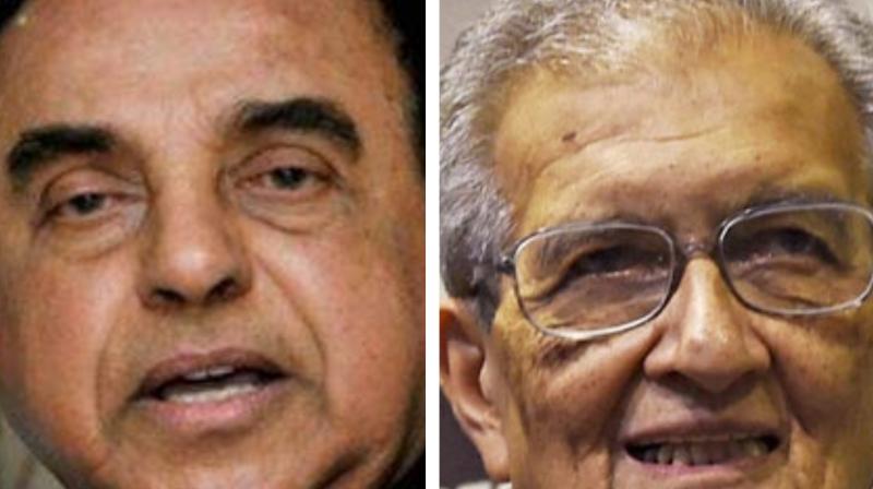 NDA gave Bharat Ratna to Amartya Sen (R), who is a traitor. What has he done for the country except for looting Nalanda University? Swamy (L) said. (Photo: PTI)