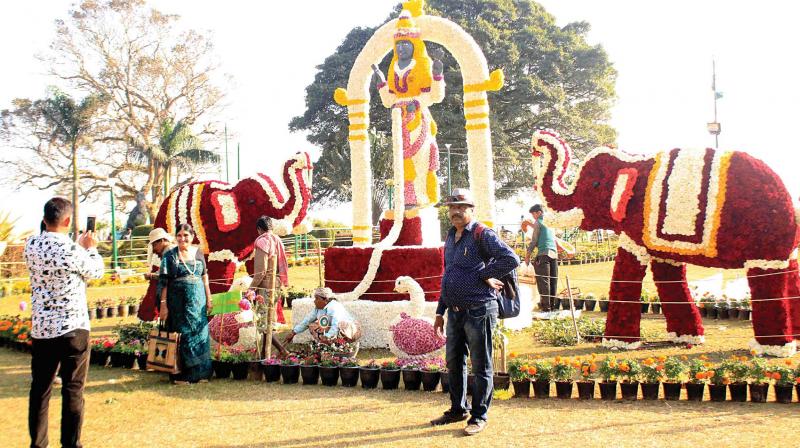 People at a flower show organised as part of Kodagu Pravasi Festival at Rajas Seat in Madikeri. (KPN)