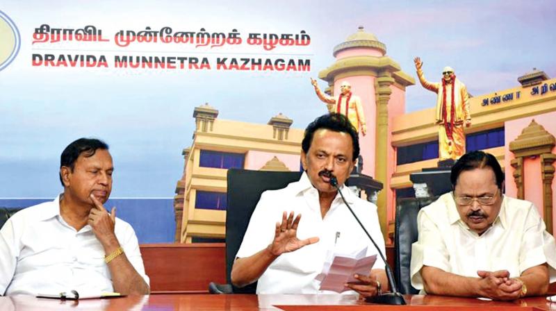 DMK president Stalin addresses press in Chennai on Sunday. (DC)