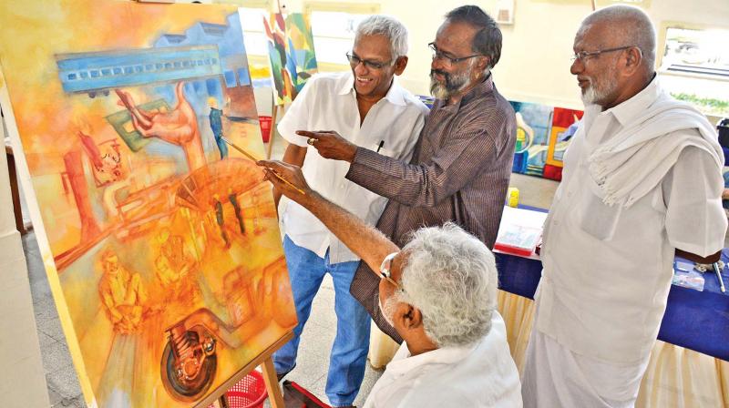 Renowned artists , Manian Selvam, R.M. Palaniappan, M. Trotsky Marudu, K. Muralidharan and G. Chandrasekar, take part in the art camp organized by Integral Coach Factory at Chennai Rail Museum on Sunday.