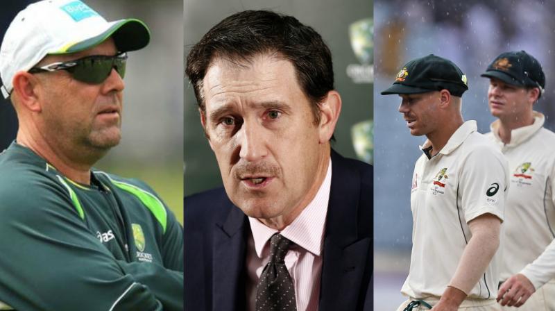 James Sutherland (centre), had already asked Steve Smith and David Warner (right) to step down as captain and vice captain respectively, and is expected to come down hard on the teams senior figures. (Photo: AP)