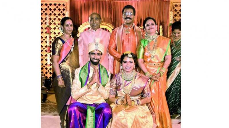 Sumeeth and Sikki Reddy with their parents Nirmala and Bhaskar Reddy (grooms parents) and Madhavi and Krishna Reddy (brides parents).