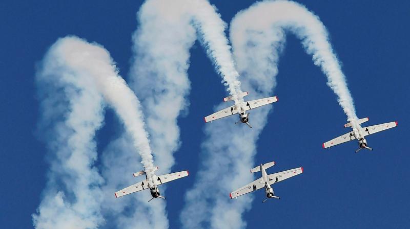 The Yakovlevs aerobatic team performs on the last day of the 12th edition of Aero India 2019 at Yelahanka Air Base in Bengaluru on Sunday. (Photo:PTI)
