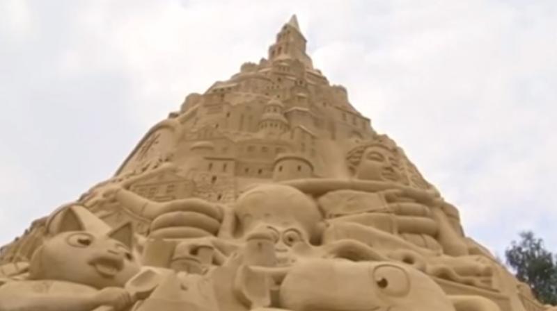 The previous tallest sandcastle, a 14.84 metre world peace monument was built in India in February (Photo: Youtube screengrab/ ANI)