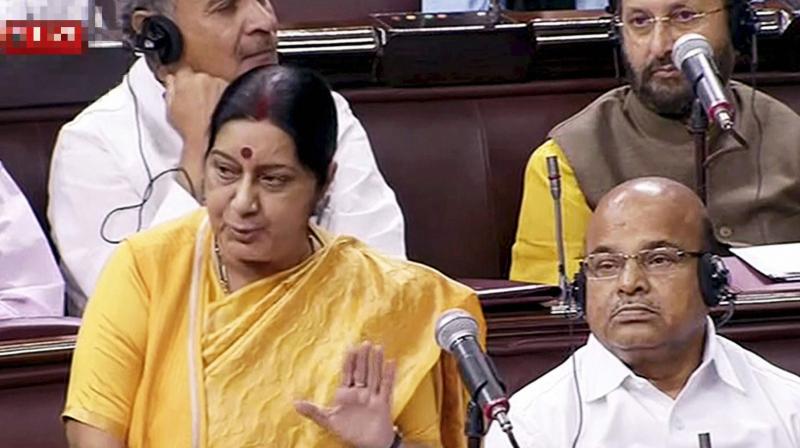 External Affairs Minister Sushma Swaraj speaks in the Rajya Sabha during the ongoing monsoon session of Parliament, in New Delhi on Thursday. (Photo: PTI)