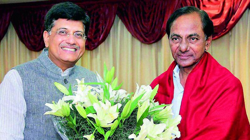 Telangana Chief Minister K. Chandrasekhar Rao (right) meets power minister Piyush Goyal in New Delhi on Sunday to seek clearance for the Bhadradri thermal power plant. 	(Photo: DC)