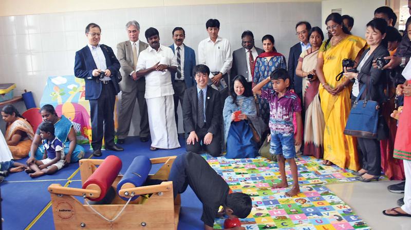 Health minister C. Vijayabaksar interacts with children at Institute of Child Health at the inauguration of simulation lab on Thursday. (Photo: DC)