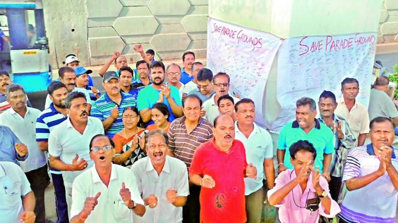 Walkers, health enthusiasts, sportspersons attend the signature campaign Save Parade Ground on Friday. On a weekday close to 2,000 Hyderabadis use the ground in the morning and evening, while over the weekend the number doubles. (Photo: DC)