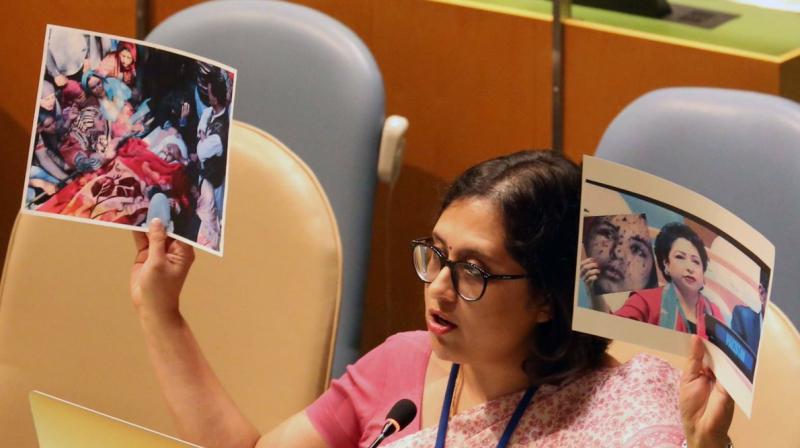 Paulomi Tripathi, a junior most Indian diplomat at the Permanent Mission of India to the United Nations said, The Permanent Representative of Pakistan misled this Assembly by displaying this picture to spread falsehood about India. A fake picture to push a completely false narrative. (Photo: @AkbaruddinIndia)