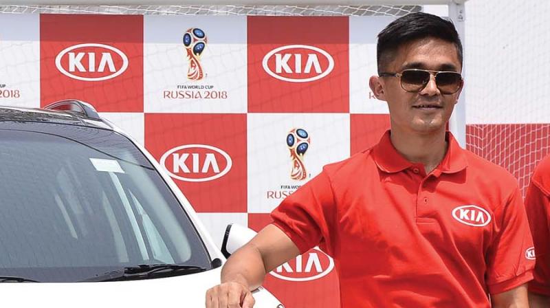 Football captain Sunil Chhetri at a promotional event in Gurugram on Sunday.