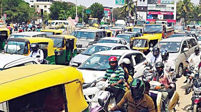Traffic jam  near ITI Gate at KR Puram in Bengaluru.