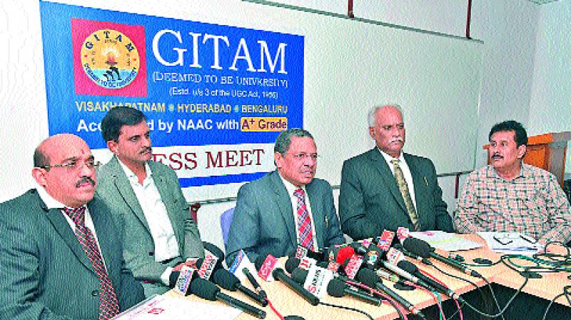 Vice-Chancellor of GITAM, Prof. M.S. Prasad explains about the Autonomy status granted by the University Grants Commission to GITAM Deemed University in Visakhapatnam on Thursday. (Photo: DC)