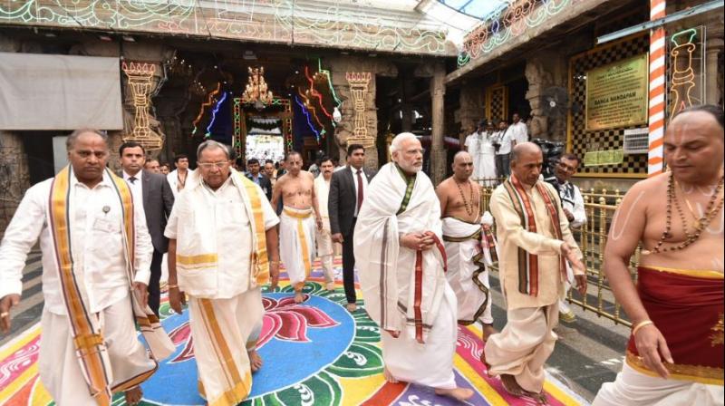 Prime Minister Narendra Modi, on Tuesday, offered worship at the famous hill shrine of Lord Venkateswara near Tirumala. (Photo: Twitter)