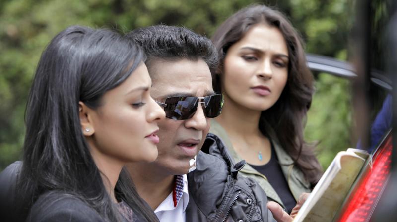 Kamal Haasan with Pooja Kumar and Andrea Jeremiah in Vishwaroopam 2.
