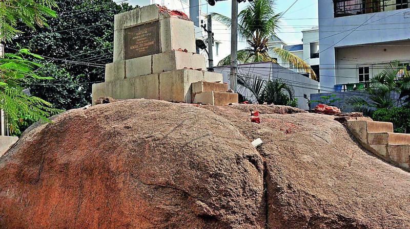 A view of the partially demolished General JN Chaudhuri  foundation stone at the Defence Colony in Sainikpuri on Friday.