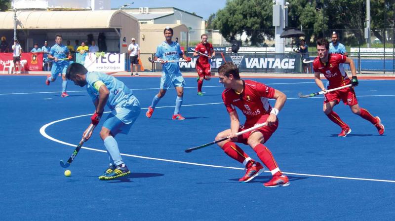 Action from the India vs Belgium final in the four-nations invitational tournament in Tauranga, New Zealand, on Sunday. Belgium won 2-1.