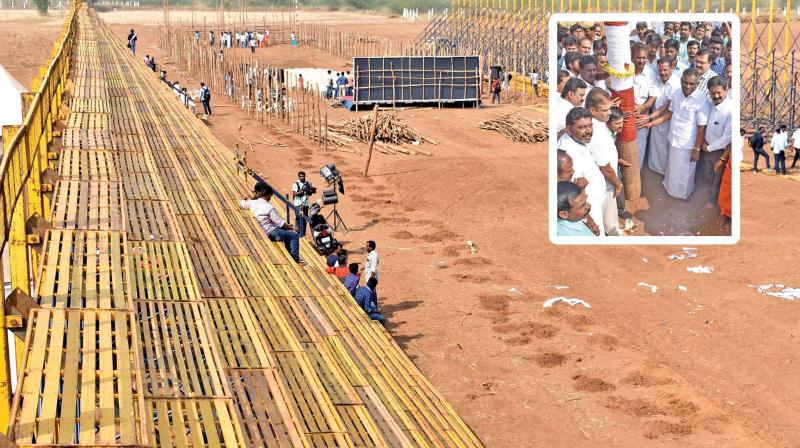 A huge arena ibeing prepared for Coimbatores first ever Jallikattu.(inset) Minister for municipal administration and rural development S. P. Velumani sees the Vadivasal gate  through which bulls are let out (Photo: DC)