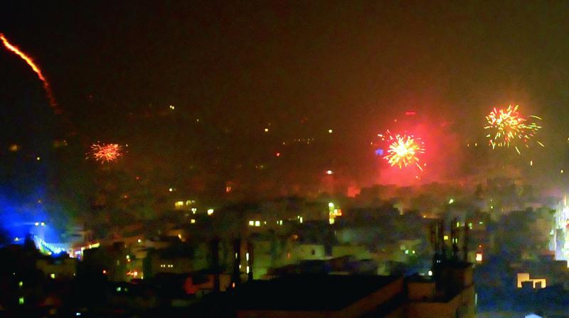 A view of the smoke that enveloped the city during Diwali celebrations on Sunday.