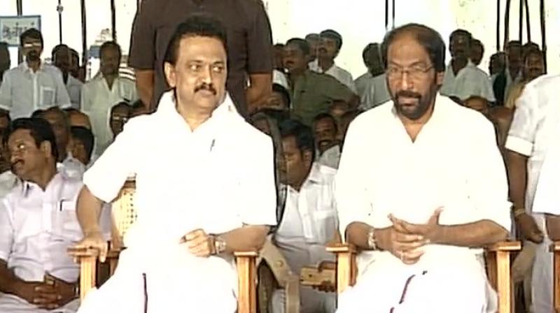 DMK begins its hunger strike protest in Trichy over ruckus that took place in Tamil Nadu Assembly. (Photo: ANI Twitter)