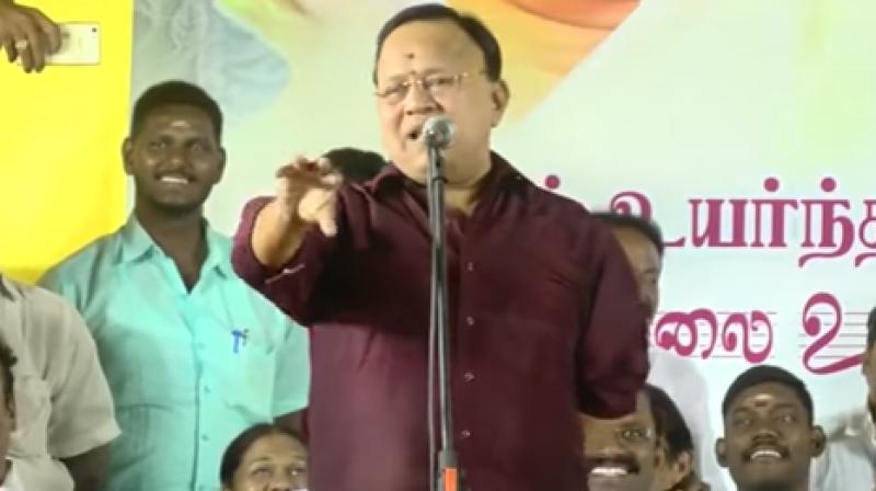 Actor-turned DMK politician Radha Ravi speaking at an event on March 1. (Photo: Youtube screengrab)