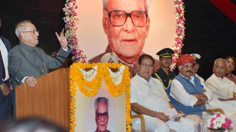 President Pranab Mukherjee delivers the first Bhairon Singh Shekhawat Memorial Lecture in Jaipur on Monday. (Photo: PTI)