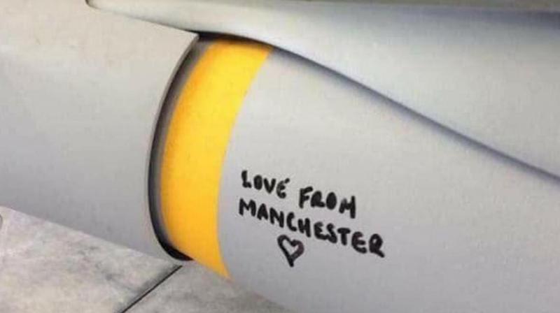 A photograph, which has been widely shared on social media, showed the message \love from Manchester\ on a Paveway IV bomb loaded on a British jet carrying out air strikes from Royal Air Force (RAF) Akrotiri in Cyprus. (Photo: Facebook)