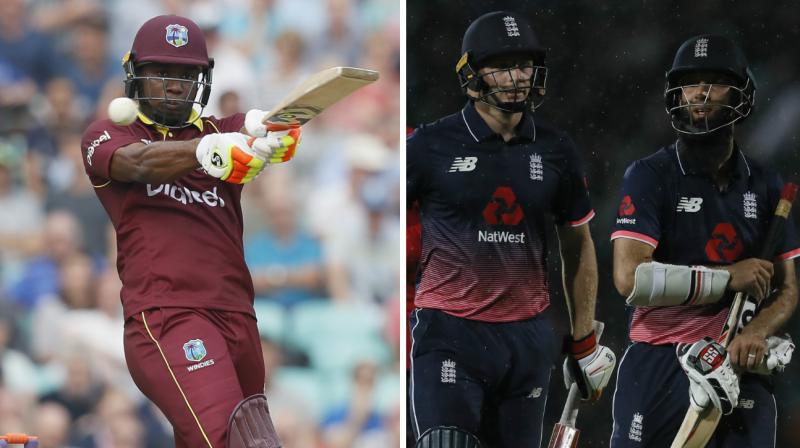When the weather intervened in the 36th over, England had just scrambled ahead of schedule after a thrilling counter-attack from Moeen Ali (48 not out) and Jos Buttler (43 not out) took them to 258 for five in reply to West Indies 356 for five. (Photo: AP)